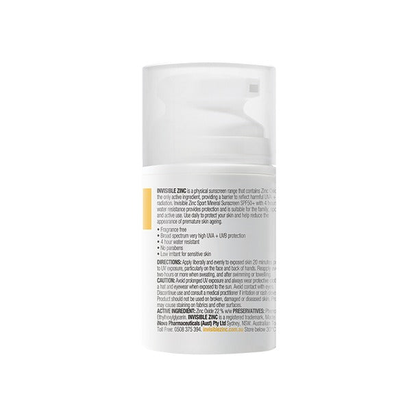 Invisible Zinc Sport SPF50+ 50ml, side of pack with directions