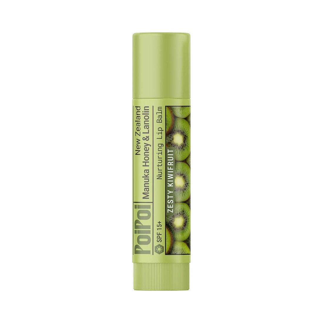 PoiPoi Zesty Kiwifruit manuka honey and lanolin lip balm stick, 4g