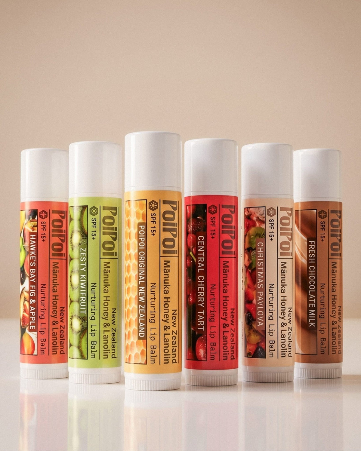 The six PoiPoi lip balm stick flavours standing in a row