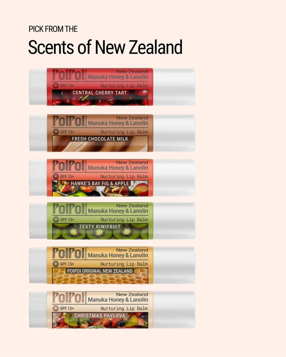 The six PoiPoi lip balm flavours laid out, headed Scents of New Zealand