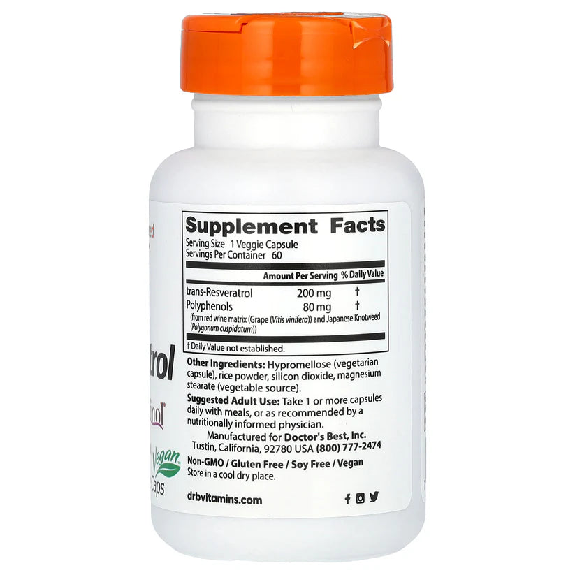 Image of Trans-Resveratrol 200 with ResVinol-25 60caps supplement facts