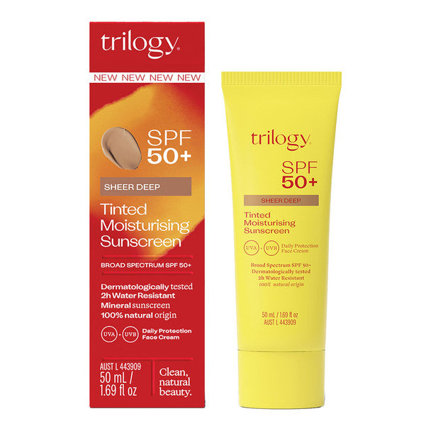 Image of box and tube of TRILOGY SPF50+ Tinted Sunscreen Deep 50ml