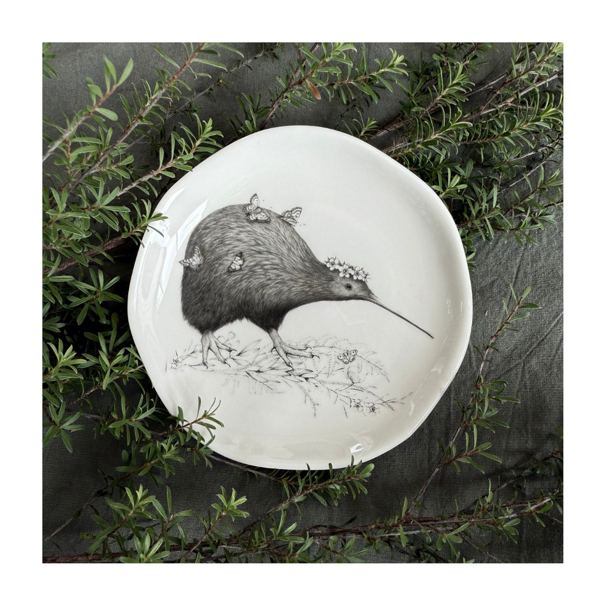 Walking with Aroha brown kiwi trinket dish by Katy Hayward, new bone china, shown from above