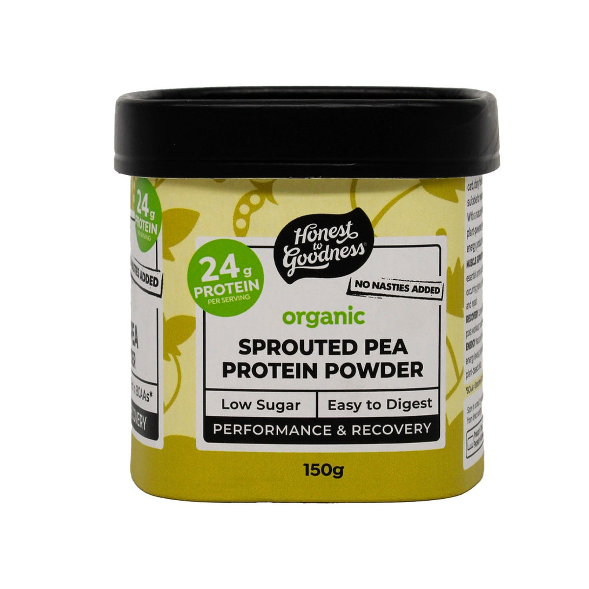 Honest to Goodness Organic Sprouted Pea Protein Powder 150g tub, turned to show the low sugar and easy to digest panel