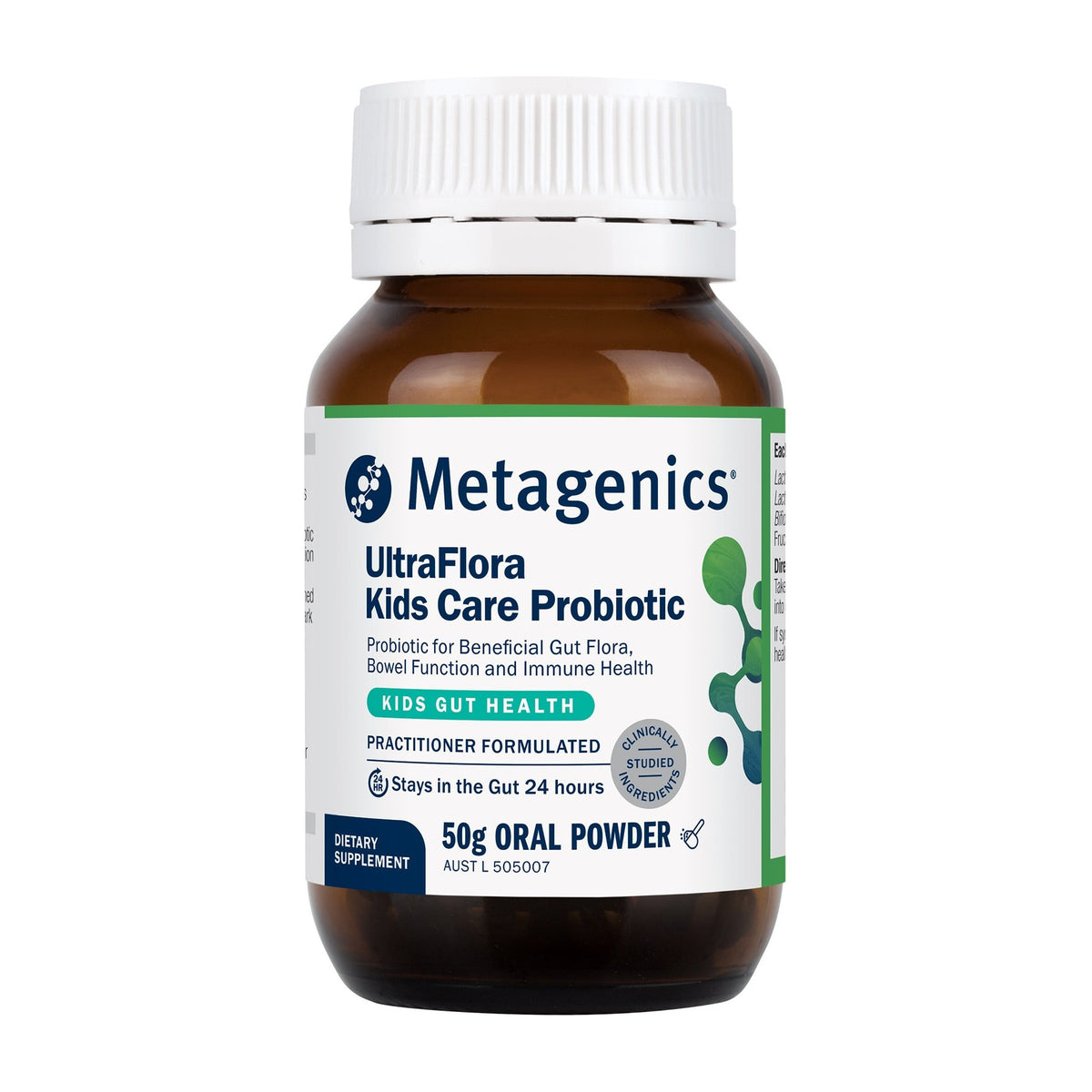 Metagenics UltraFlora Kids Care Probiotic 50g oral powder, amber jar with green bordered label, front of pack