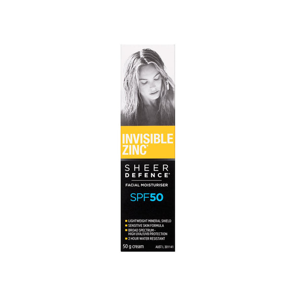 Invisible Zinc Sheer Defence Facial Moisturiser SPF50 untinted 50g carton, front