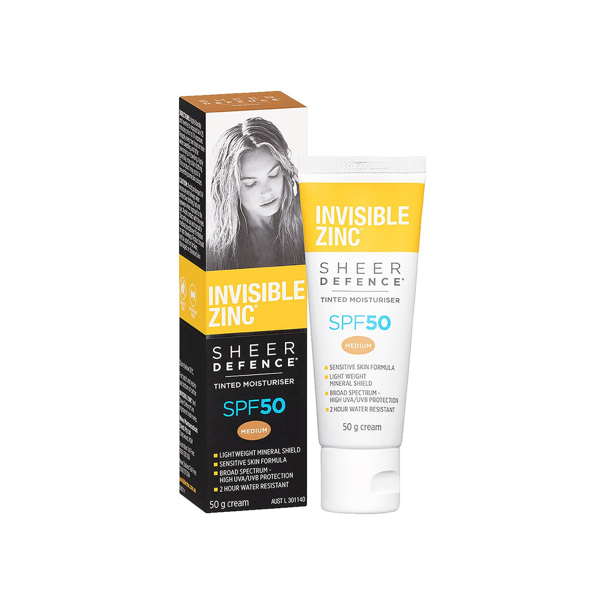 Invisible Zinc Sheer Defence Facial Moisturiser SPF50 carton and tube