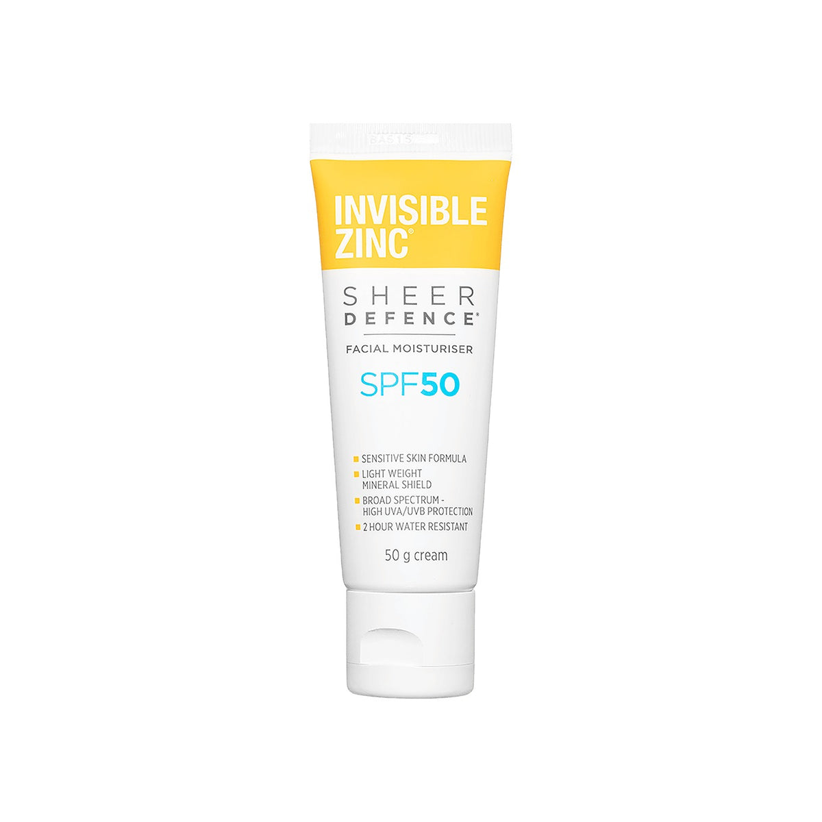 Invisible Zinc Sheer Defence Facial Moisturiser SPF50 50g tube, front