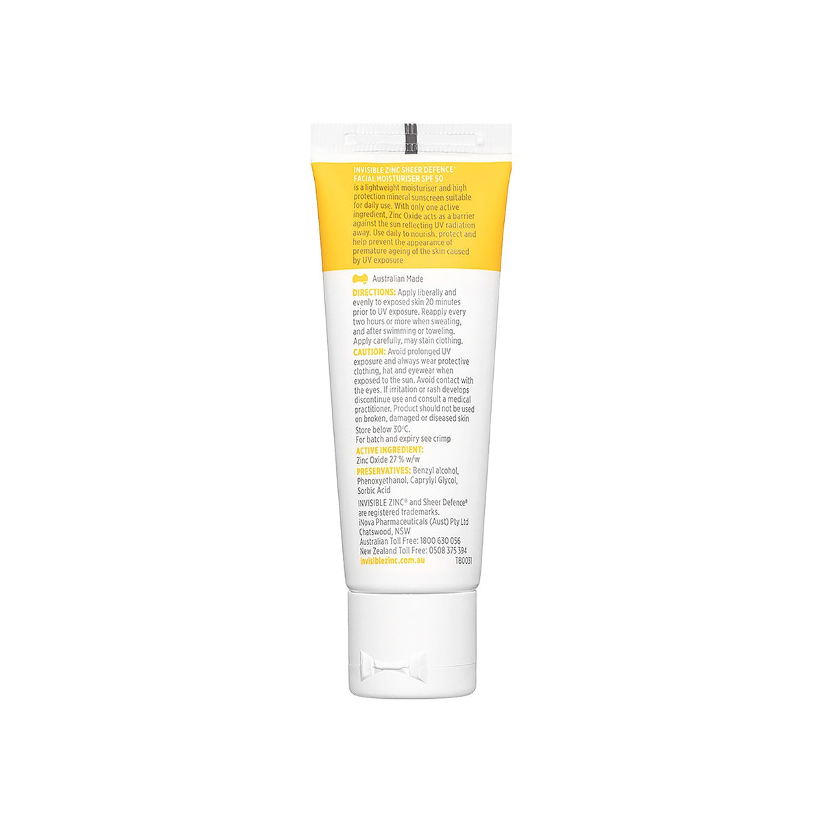 Invisible Zinc Sheer Defence Facial Moisturiser SPF50 tube, back