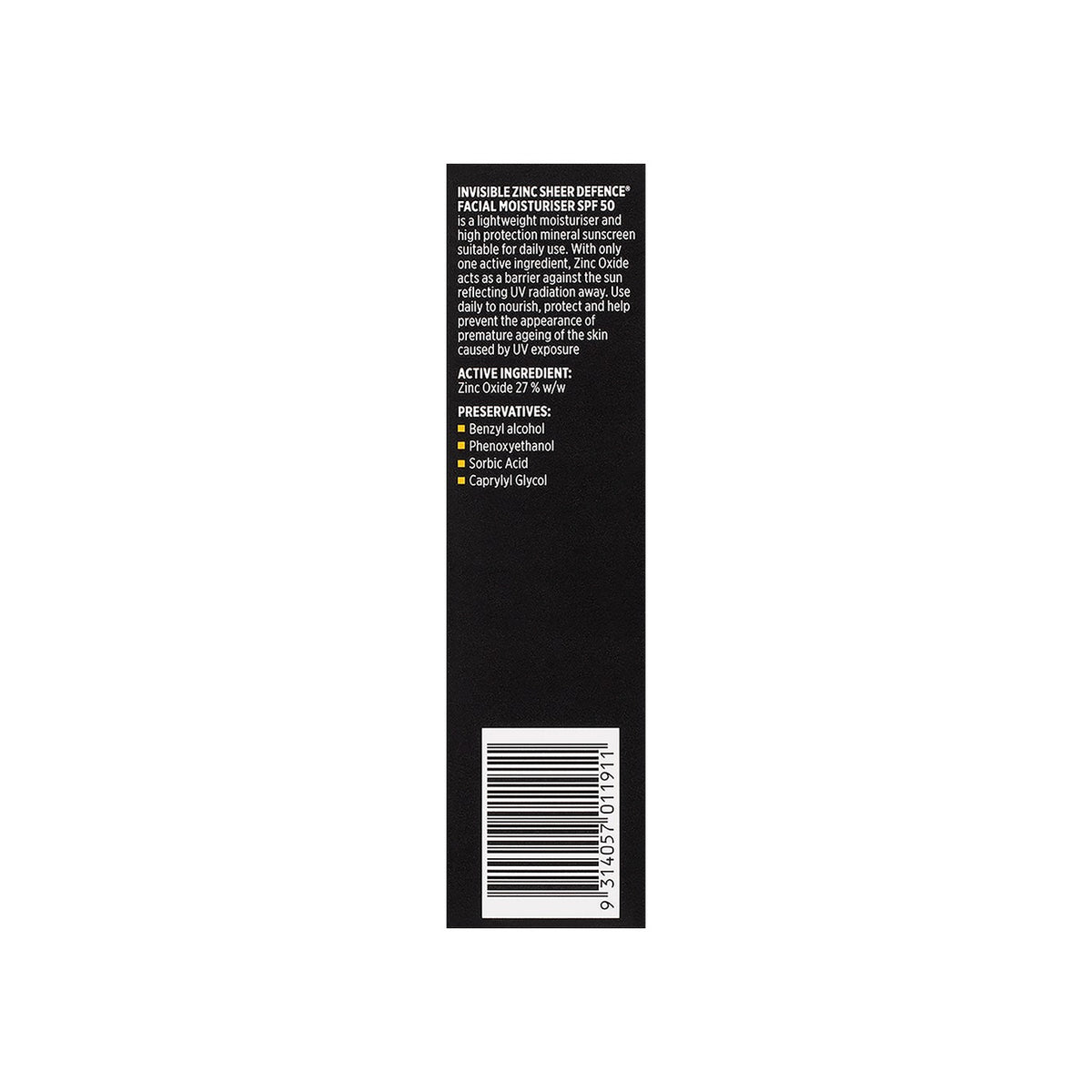 Invisible Zinc Sheer Defence Facial Moisturiser SPF50 carton back with active ingredient and preservatives
