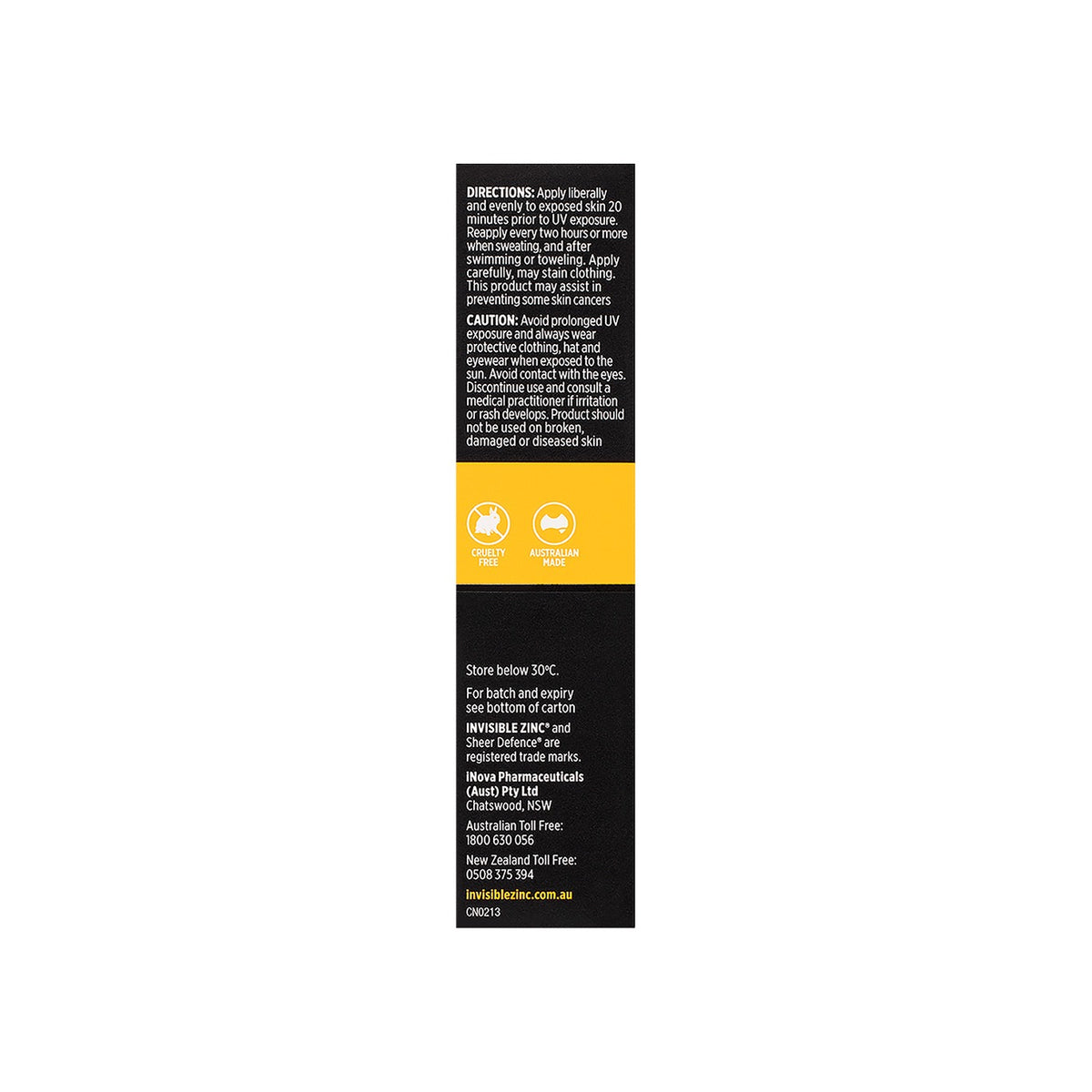 Invisible Zinc Sheer Defence Facial Moisturiser SPF50 carton side with directions