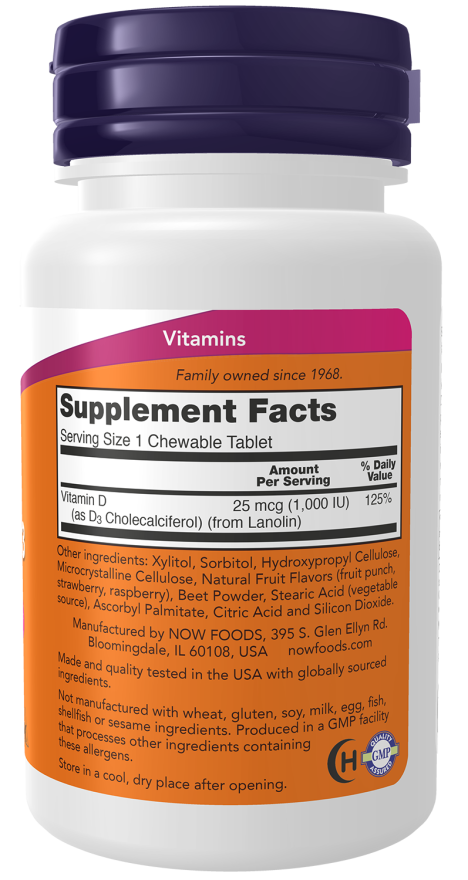 Image of Vitamin D3 Natural Fruit Flavor 1000IU 180caps supplement facts