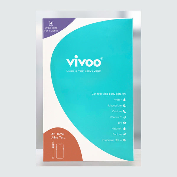 Vivoo at home urine test 4 pack carton, four urine tests for one month, listing the eight markers it reads