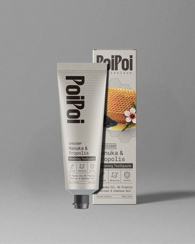 PoiPoi Manuka & Propolis Whitening Toothpaste tube beside its box