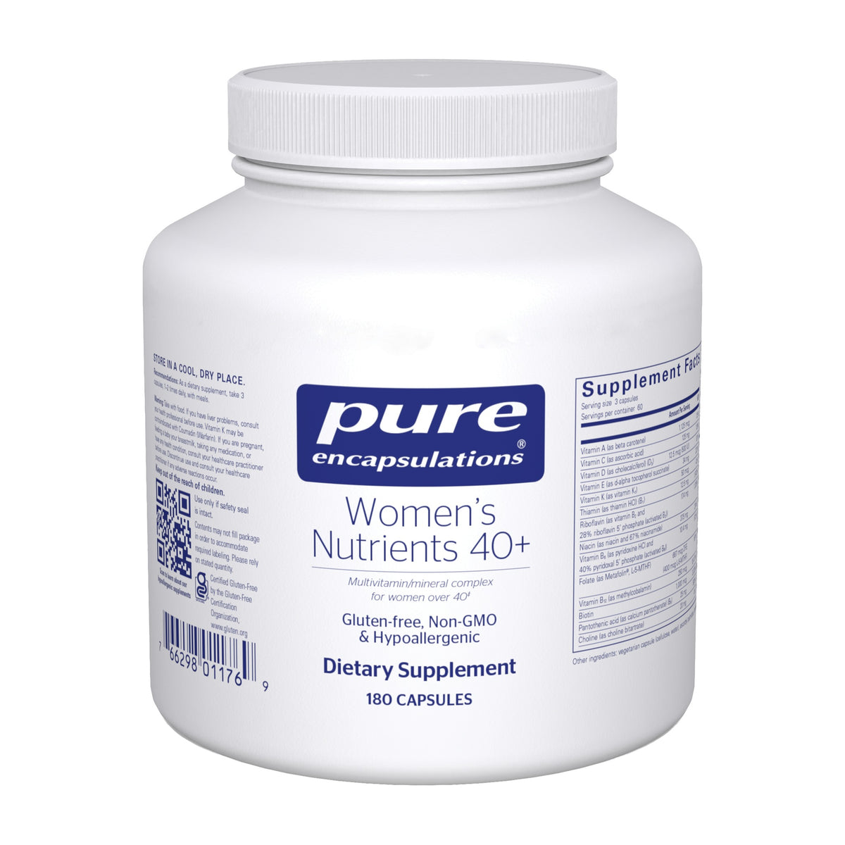 Pure Encapsulations Women's Nutrients 40+, 180 capsules, white bottle, front of pack