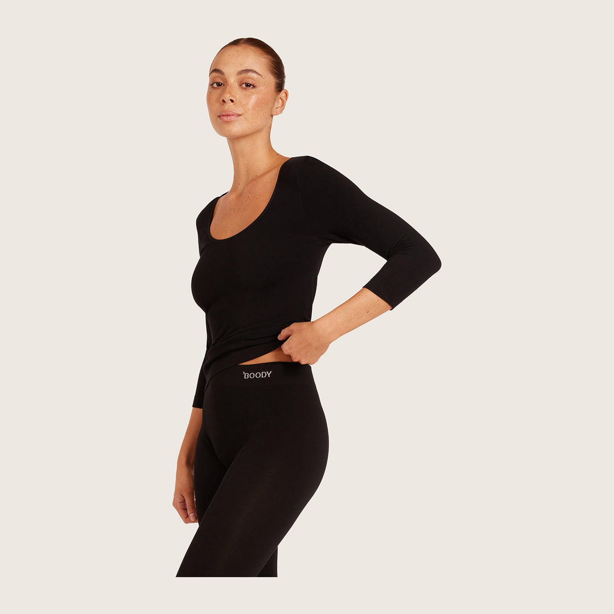 Women's 3/4 Sleeve Top in black, Boody organically grown bamboo
