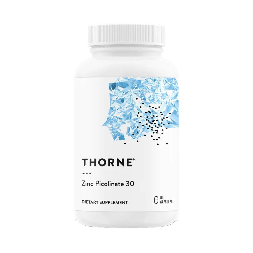 A white bottle of Thorne Zinc Picolinate 30 dietary supplement with a white cap, featuring a blue graphic design on the label and text indicating 60 capsules.