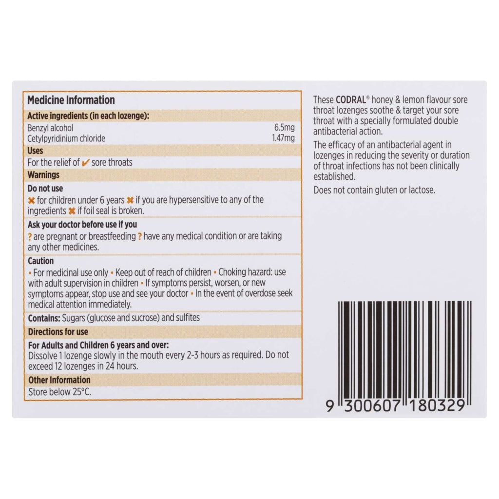 CODRAL Sore Throat Lozenges Honey/Lemon 16pk-Matakana Pharmacy