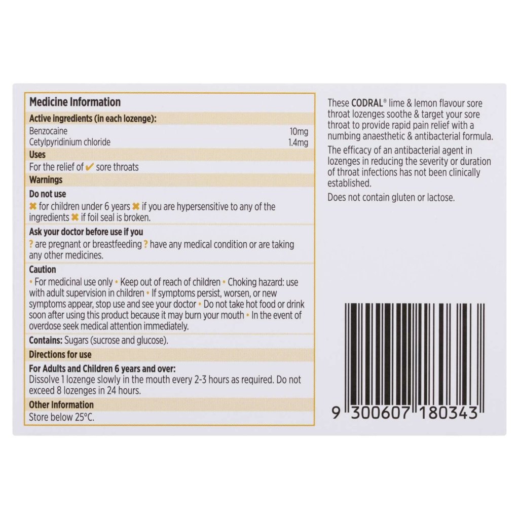 CODRAL Sore Throat Lozenges Lemon/Lime 16pk-Matakana Pharmacy