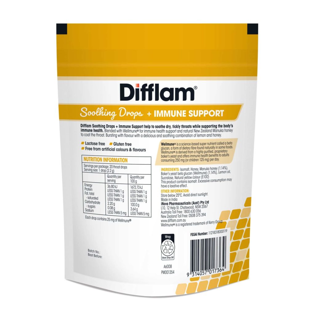 DIFFLAM Soothing Drops +Immune Support Honey & Lemon 20s-Matakana Pharmacy