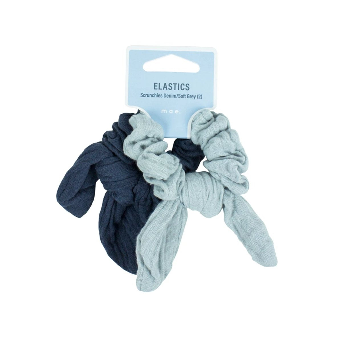 MAE Elastics Scrunchies Muslin Denim/Soft Grey 2pk-Matakana Pharmacy