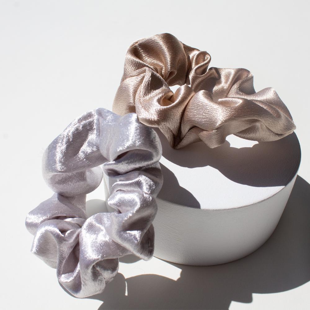 ADORN by MAE. Elastics Scrunchies Satin Pink & Silver 2pk-Matakana Pharmacy