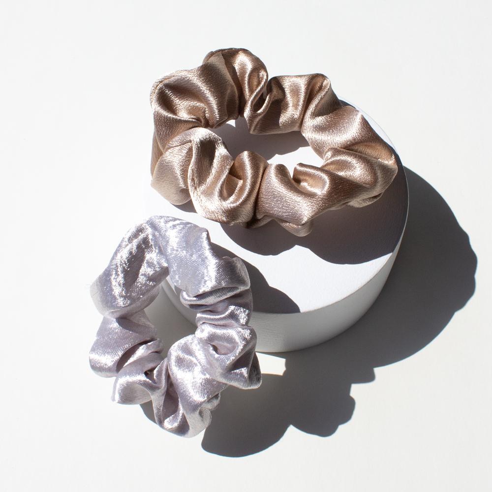 ADORN by MAE. Elastics Scrunchies Satin Pink & Silver 2pk-Matakana Pharmacy