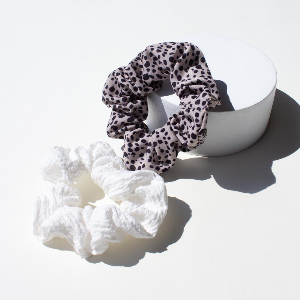 ADORN by MAE. Elastics Scrunchie White & Leopard 2pk-Matakana Pharmacy