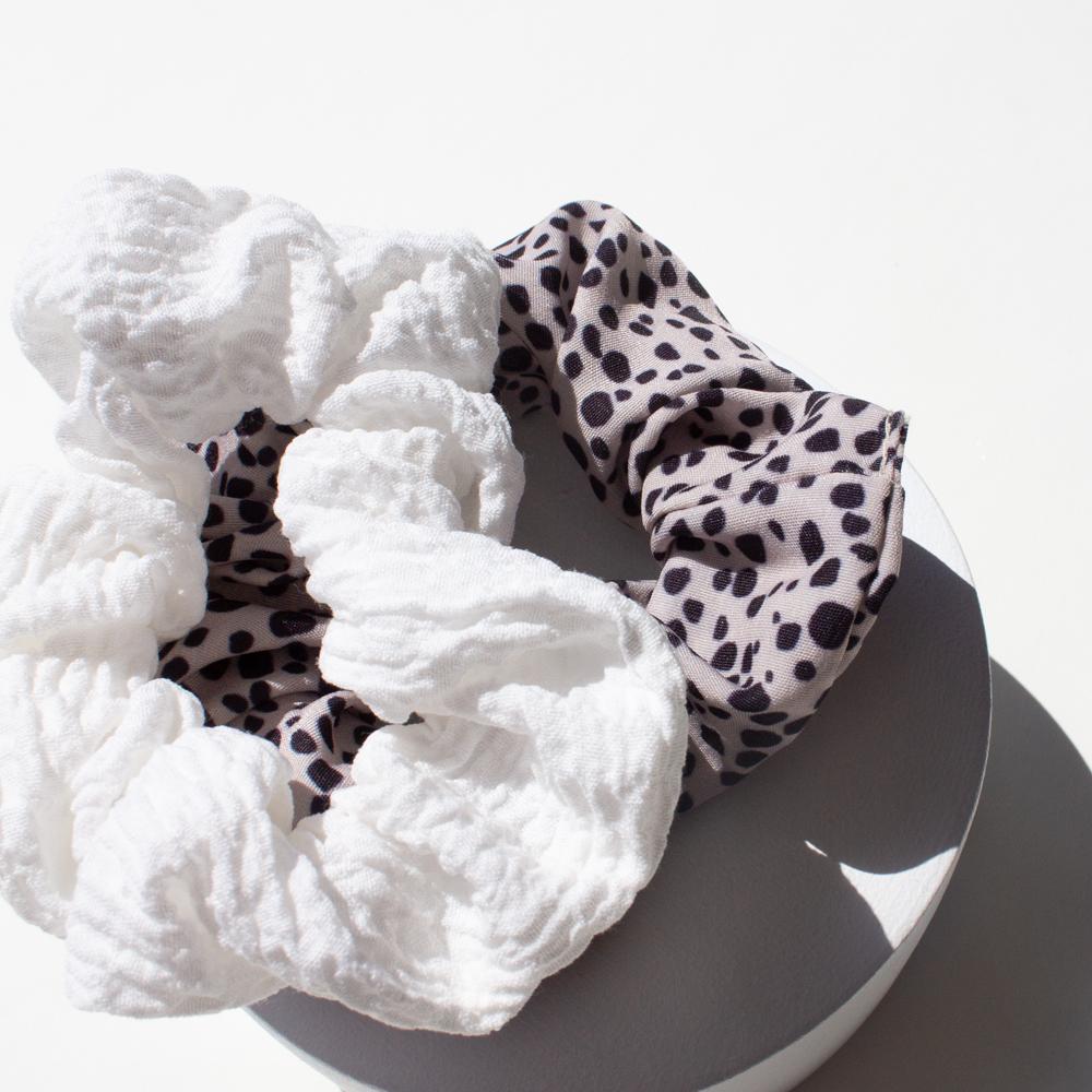 ADORN by MAE. Elastics Scrunchie White & Leopard 2pk-Matakana Pharmacy