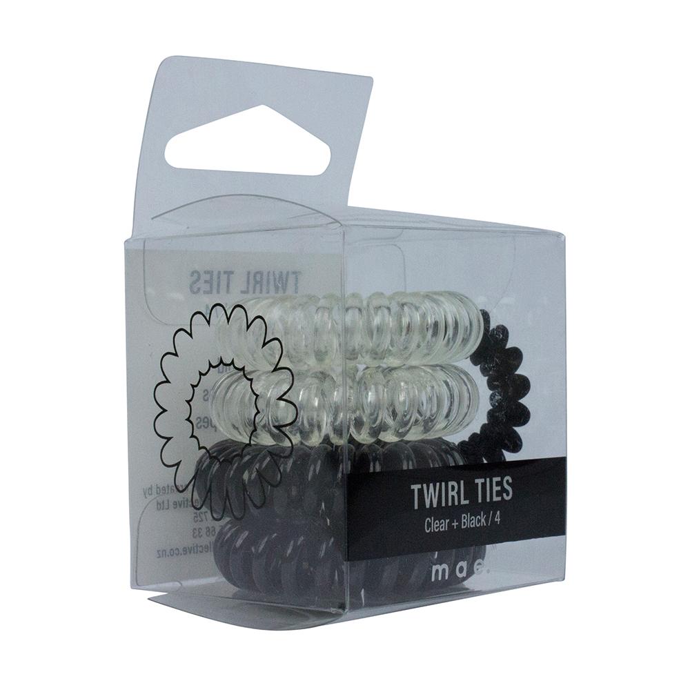 MAE Twirl Ties Boxed 2x Clear and 2x Black-Matakana Pharmacy